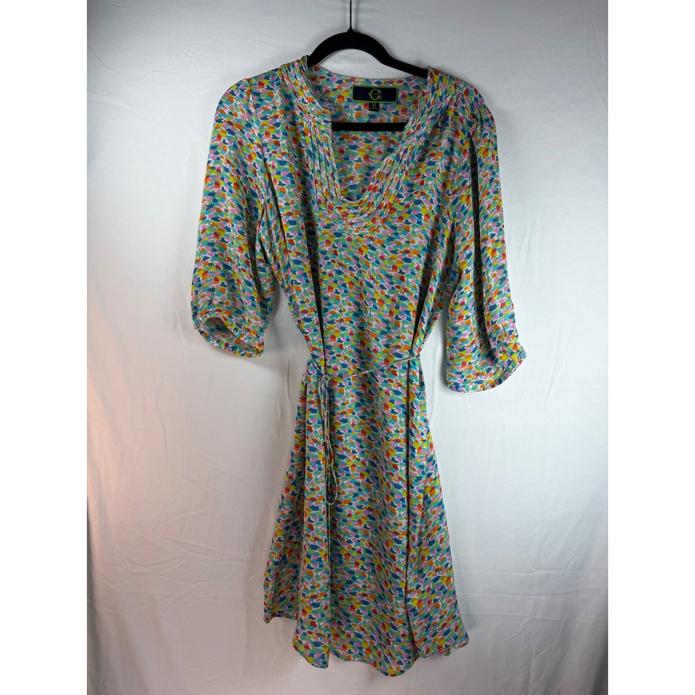 C. Wonder Womens Multicolor Confetti Dot 100%‎ Silk Pleated Draped Neck Dress M